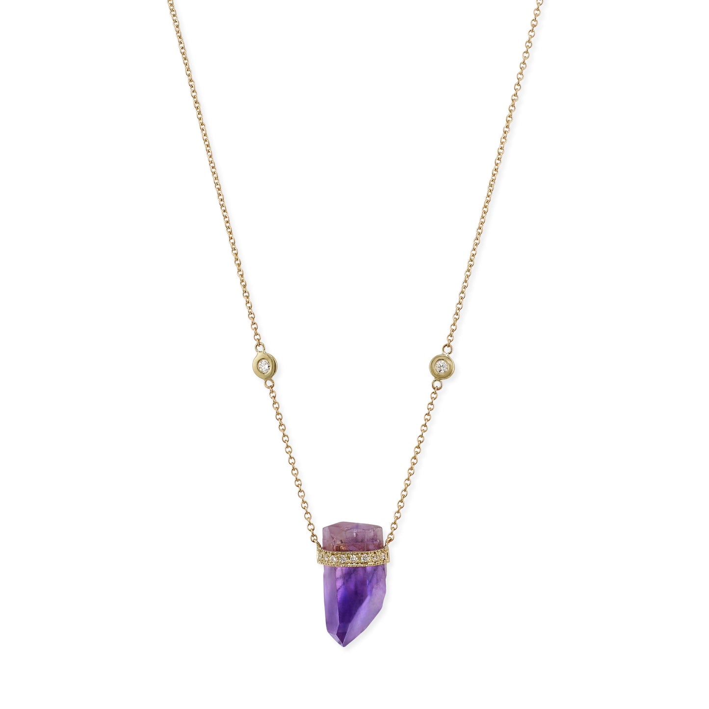 1 Row Pave Diamond Cap Amethyst Crystal Necklace