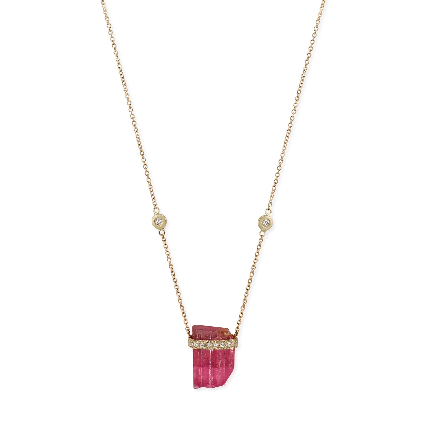 1 Row Pave Diamond Cap Pink Tourmaline Crystal Necklace