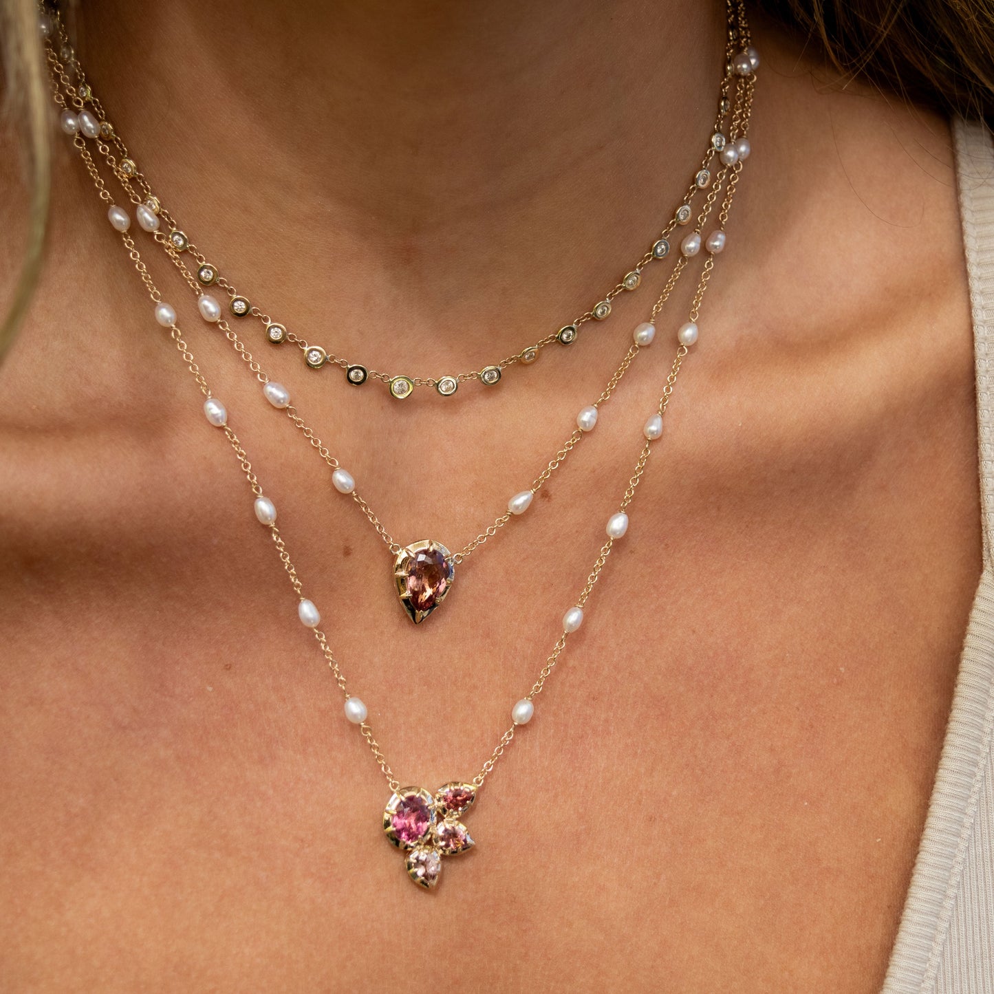 Oval + Teardrop Pink Sophia Bezel Pearl Chain Necklace