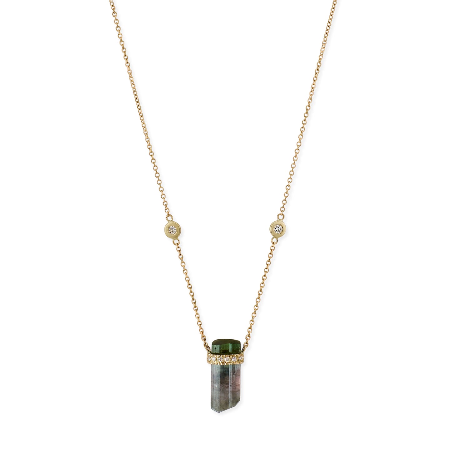 1 Row Pave Diamond Cap Green Tourmaline Crystal Necklace