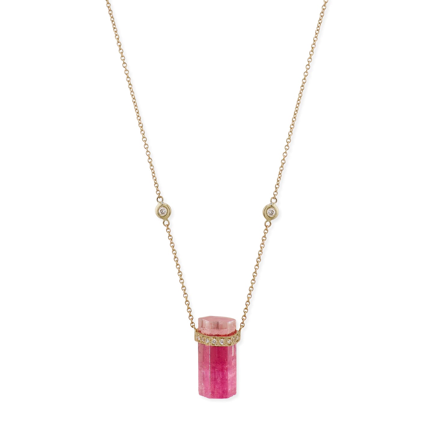 1 Row Pave Diamond Cap Pink Tourmaline Crystal Necklace