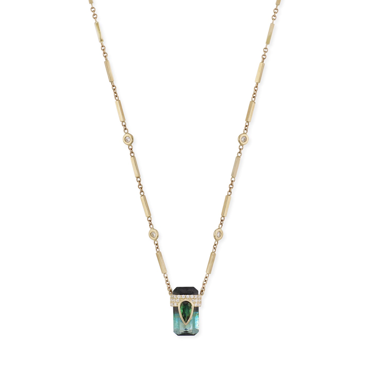 Pave Blue Tourmaline Teardrop Cap + Ombre Blue Tourmaline Baguette Necklace