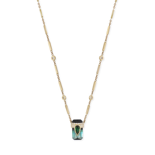 Pave Blue Tourmaline Teardrop Cap + Ombre Blue Tourmaline Baguette Necklace