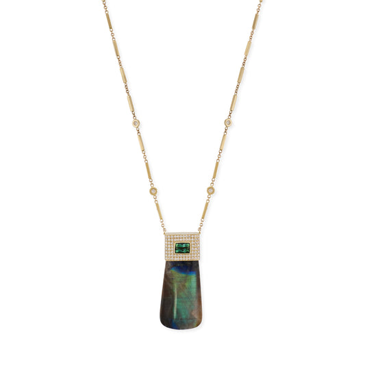 Pave Green Tourmaline Cap + Labradorite Crystal Necklace