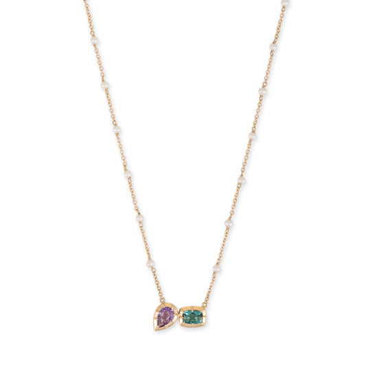 Teardrop Purple + Rectangle Green Blue Tourmaline Sophia Bezel Pearl Chain Necklace
