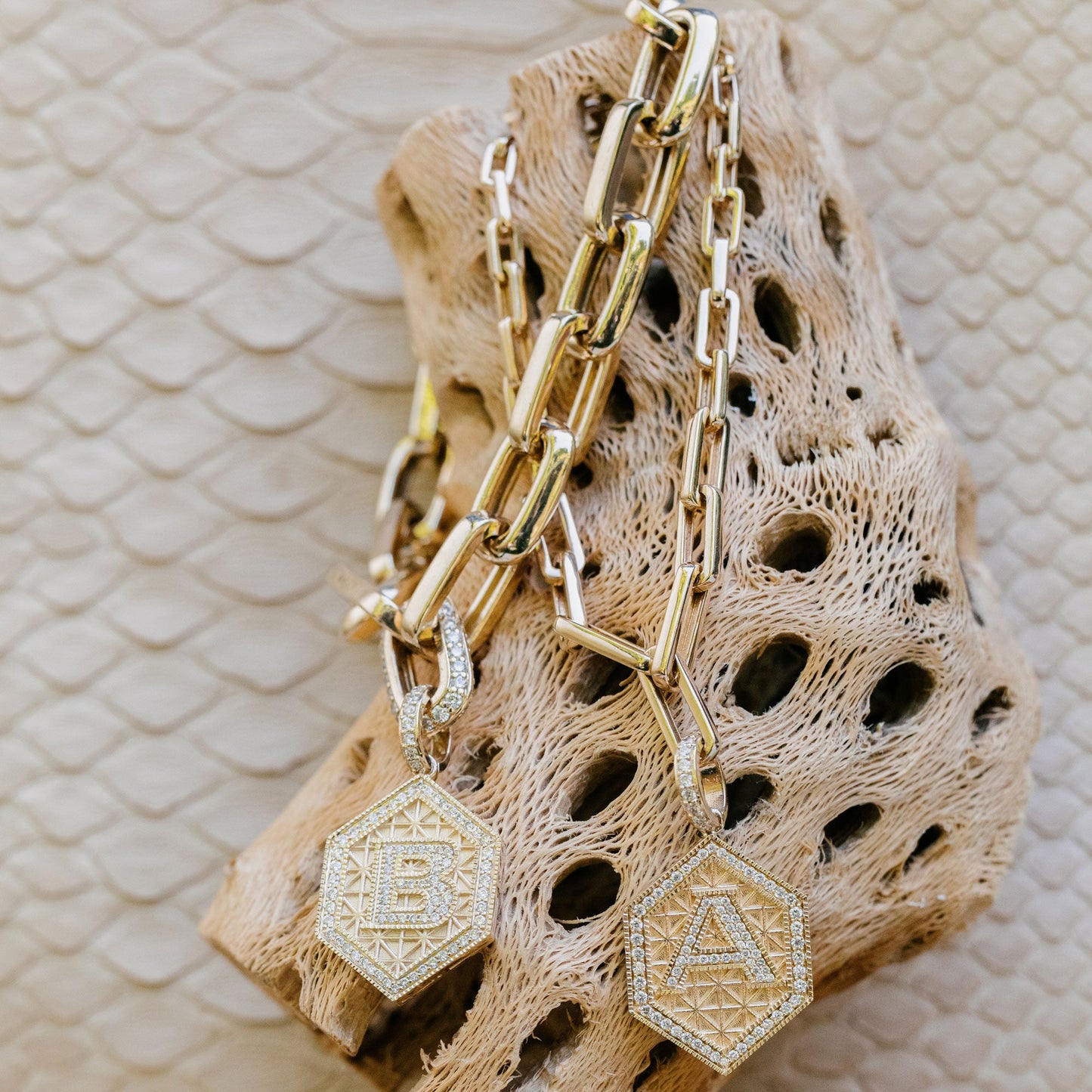 Pave Initial Geometric Hexagon Charm